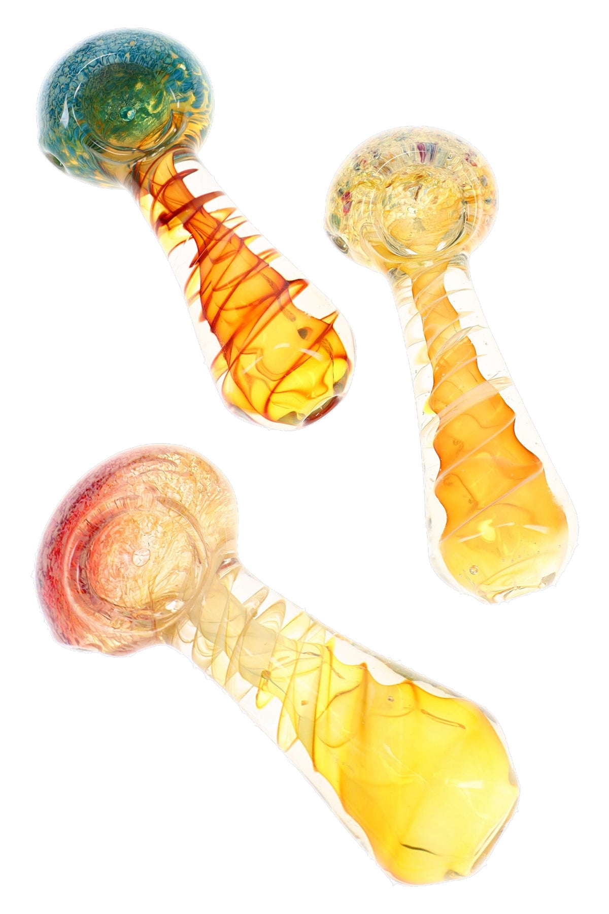 Three assorted gold fumed frit glass hand pipes “Amber Helix” showing varied bowl colors and spiral accents