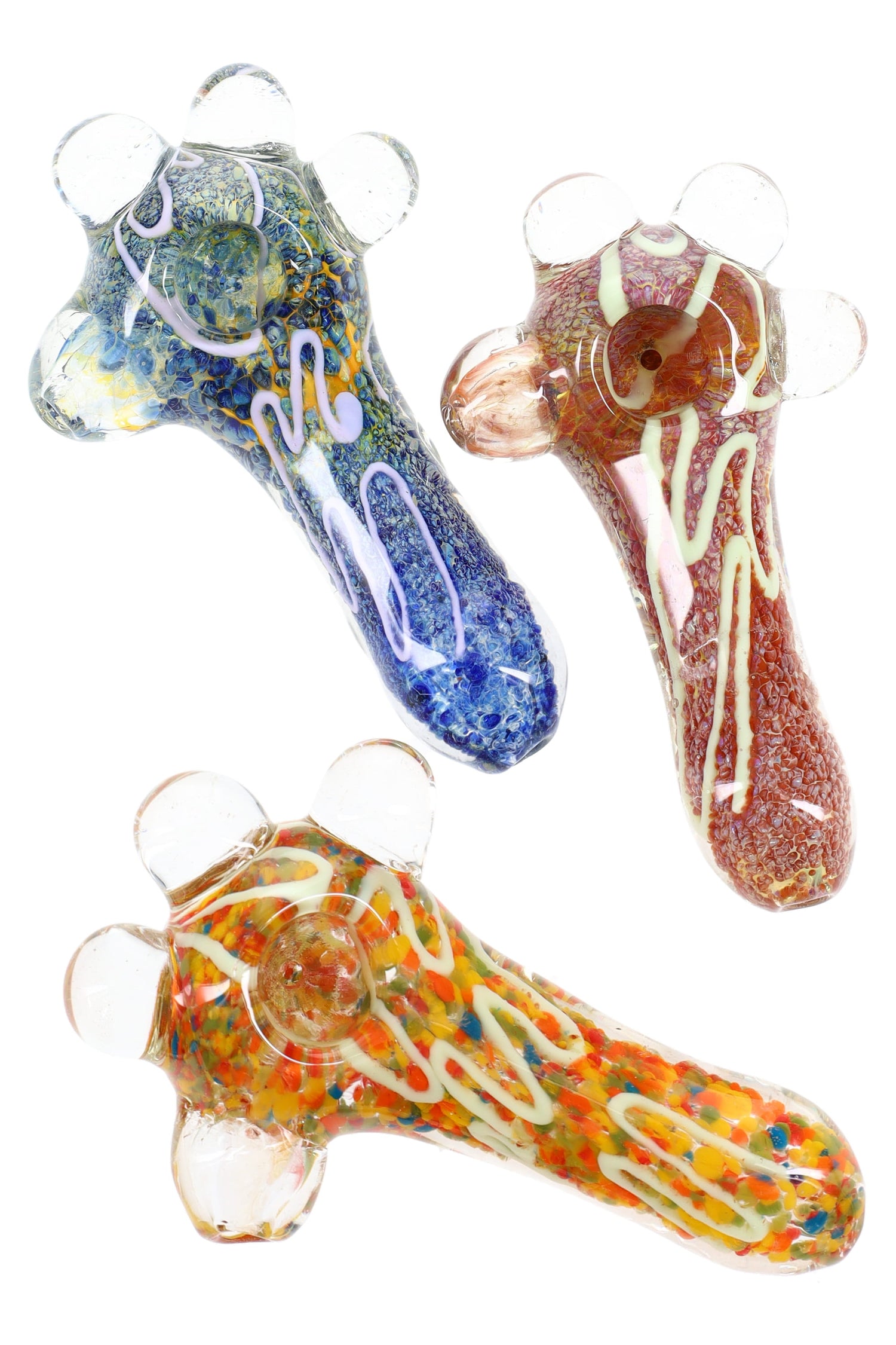 5″ silver-fumed color-changing glass spoon pipe with frit spiral striping, side carb, and clear marble crown roll-stops; assorted colors; sold individually.