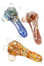 5″ silver-fumed color-changing glass spoon pipe with frit spiral striping, side carb, and clear marble crown roll-stops; assorted colors; sold individually.
