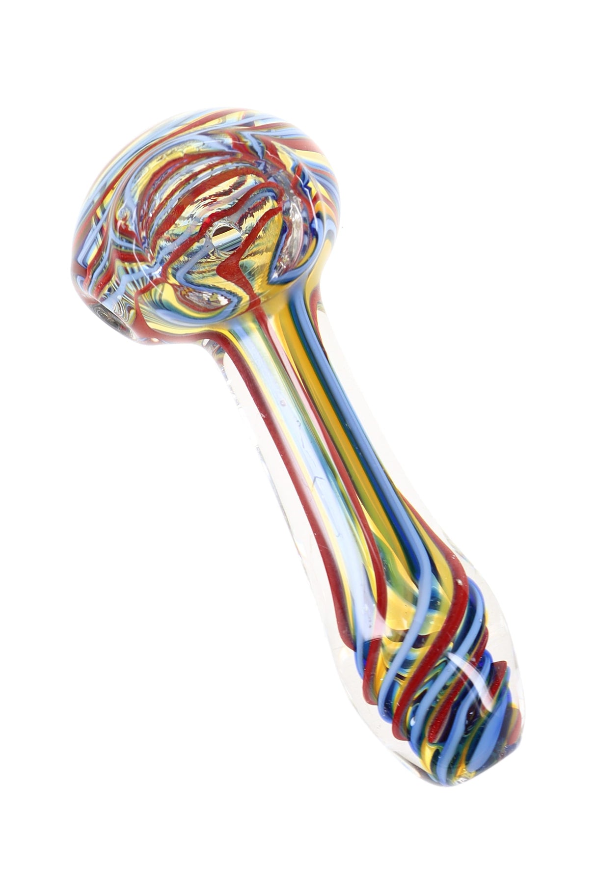 Colorful swirl-striped color-changing glass spoon pipe with multicolor lines and rounded bowl, compact dry-herb piece