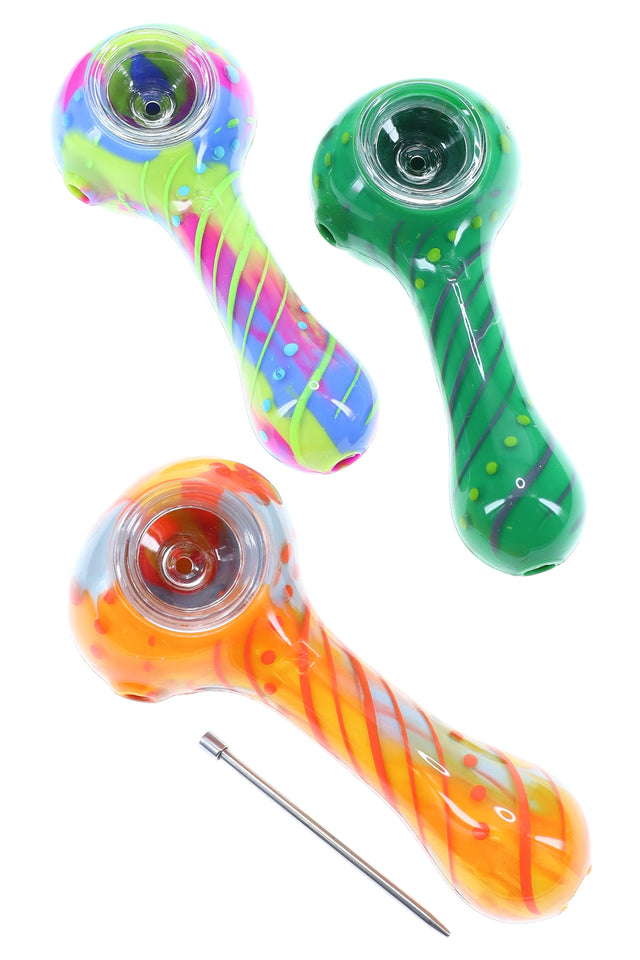 4-inch Eyce ORAFLEX silicone spoon with glossy clear outer layer, removable borosilicate bowl, and hidden metal poker, shown in Floral, Honeycomb, Spiral, and Switchback designs.