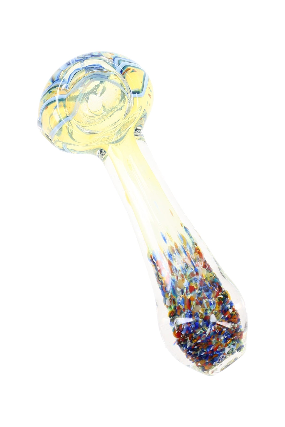 Color-changing striped glass spoon hand pipe with multicolor frit “confetti” handle section and rounded bowl