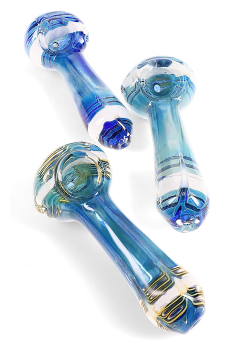 4½-inch blue silver-fumed glass spoon pipe with white stripe accents and side carb, color-changing finish shown from multiple angles.