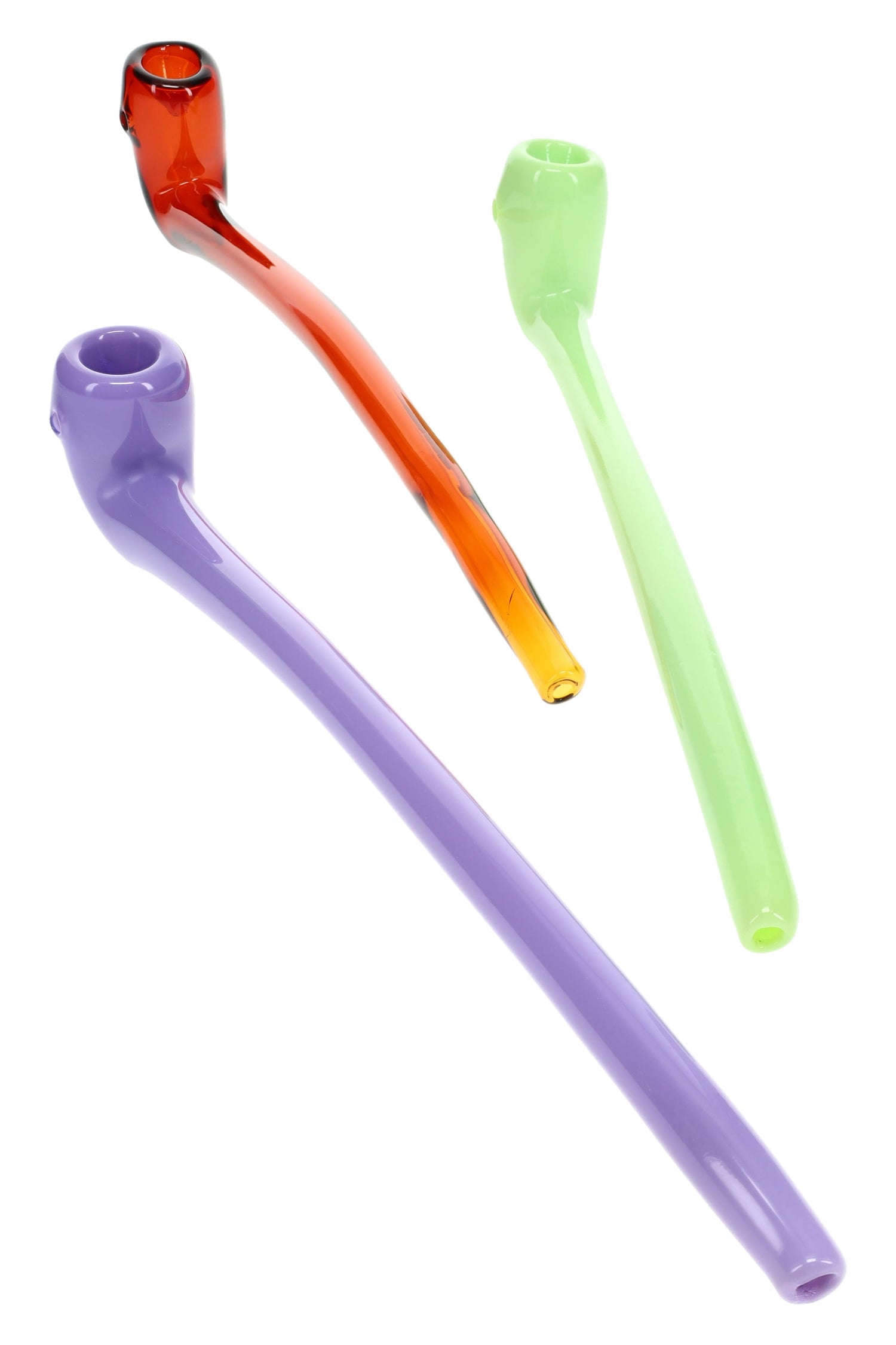 11.5-inch colored glass sherlock pipe in solid lavender, mint, and amber tones with long curved stem, deep bowl, and stabilizing marble feet on a white backdrop.