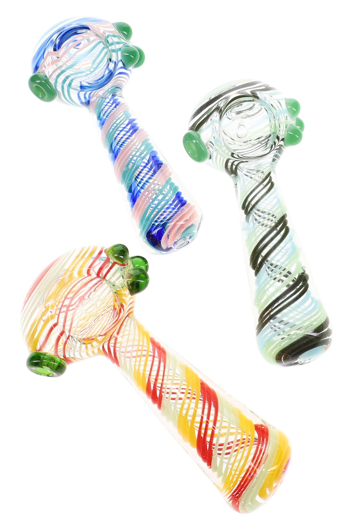 Assorted 4½″ clear glass spoon pipes with multicolor swirl stripes and green marble accents