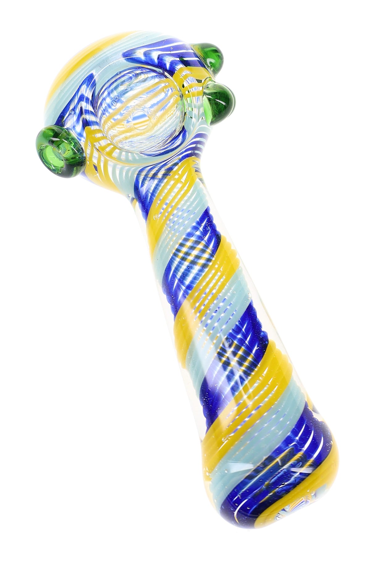 4½″ clear glass spoon pipe with blue, yellow, and light teal swirl stripes shown from an angle