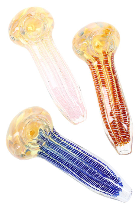 5″ thick color-changing glass spoon with gold-fumed bowl and inside-out striped handle, side carb, and rounded mouthpiece; assorted colors; sold individually.