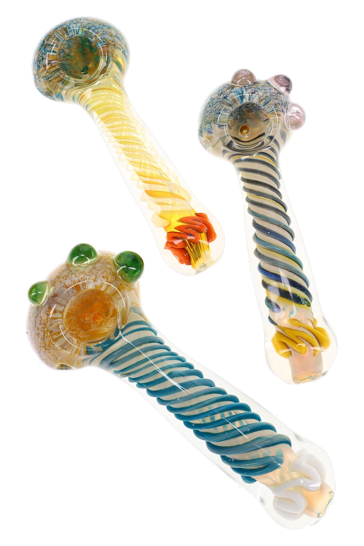 Assorted silver fumed frit glass spoon pipes with swirl striped stems and raised glass marbles