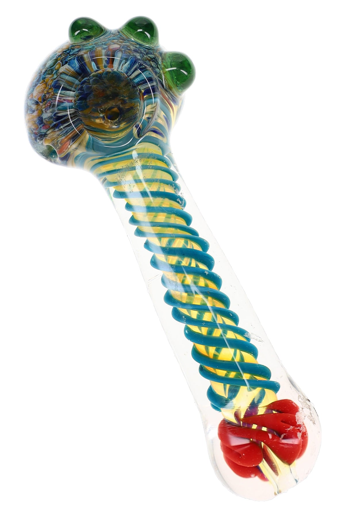 Clear silver fumed glass spoon pipe with teal coil stripes, red end detail, frit bowl, and marble accents