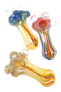 Thick color-changing rasta-striped glass spoon pipe with frit bowl and three clear marble bumps, about 5½ inches long, assorted colors.