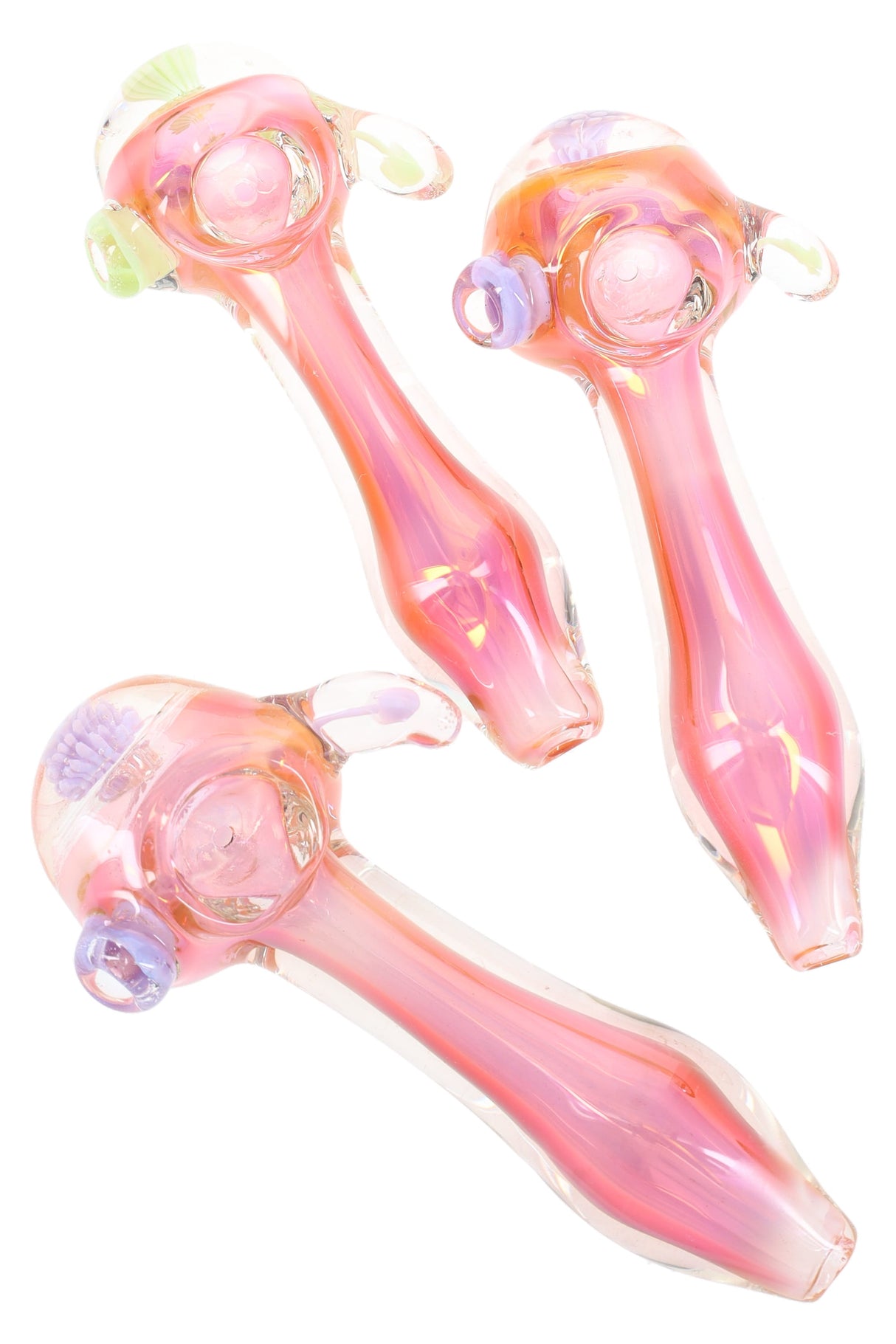 5″ gold-fumed color-changing glass spoon with floral bowl detail and smooth handle; assorted cap colors, about 115 g.
