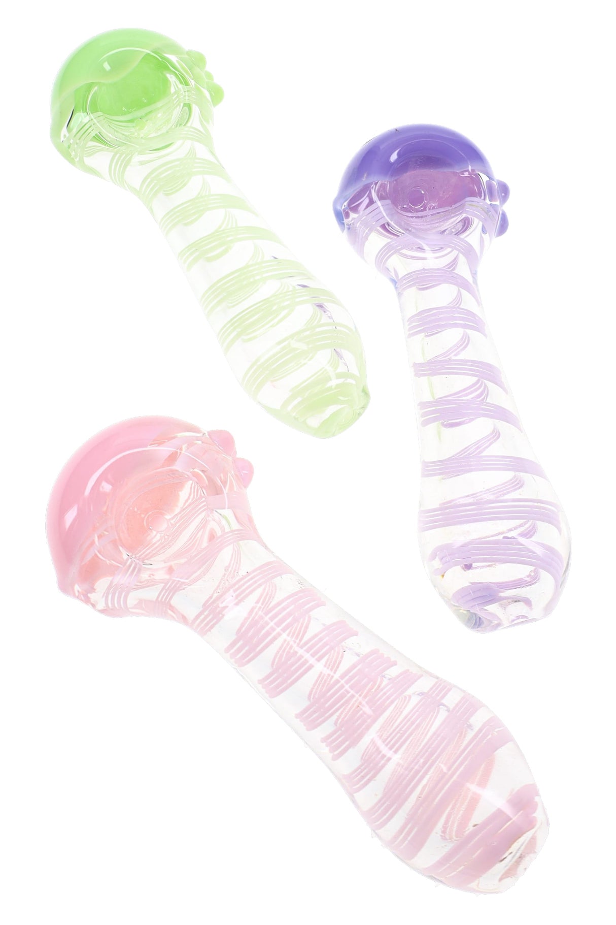 Assorted neon swirl glass spoon pipes with clear bodies, pastel bowls, and striped linework
