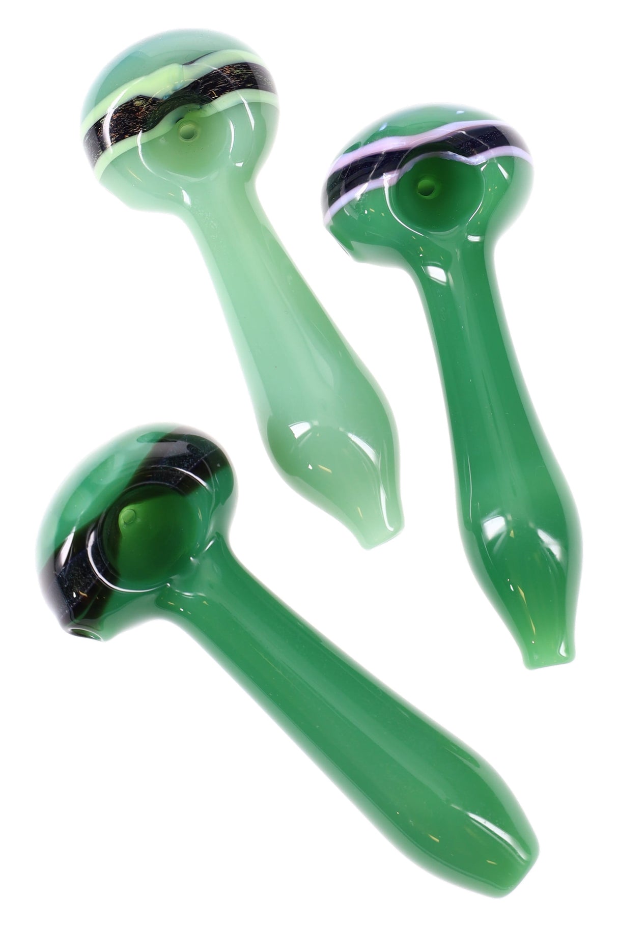 Green 4½″ glass spoon with slim neon stripe and muted dichro band, tapered handle and side carb; assorted accent colors, about 75 g.