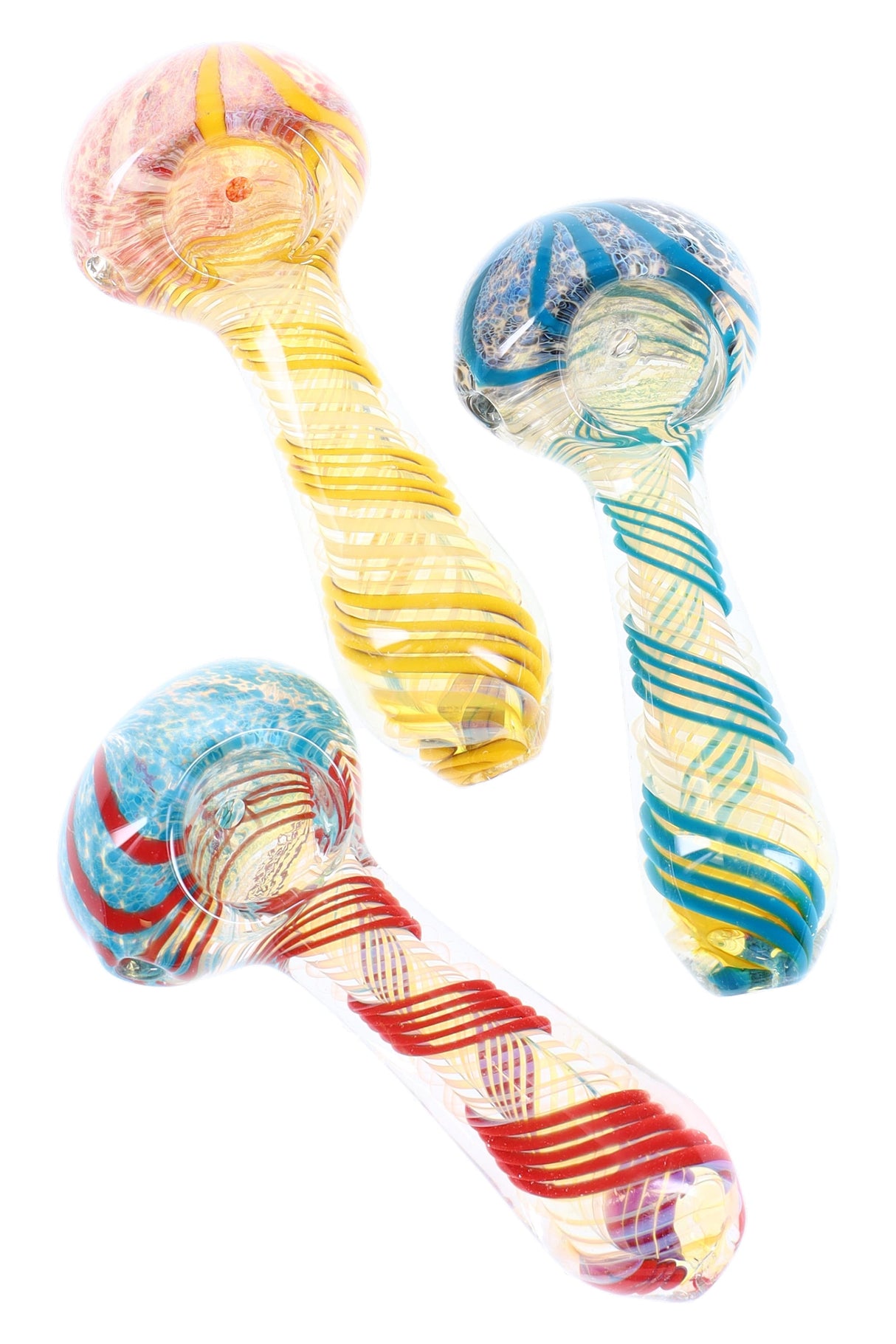 Clear 3.5-inch silver-fumed spoon pipe with sparkling frit bowl and multicolor spiral stripes, deep chamber and side carb visible on white backdrop.