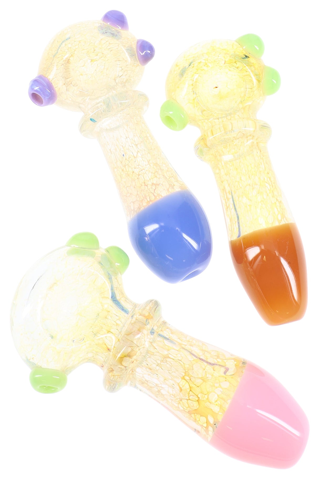 4½″ fumed color-changing neon glass hand pipe with slime marble accents and bright mouthpieces; assorted colors shown, sold individually.