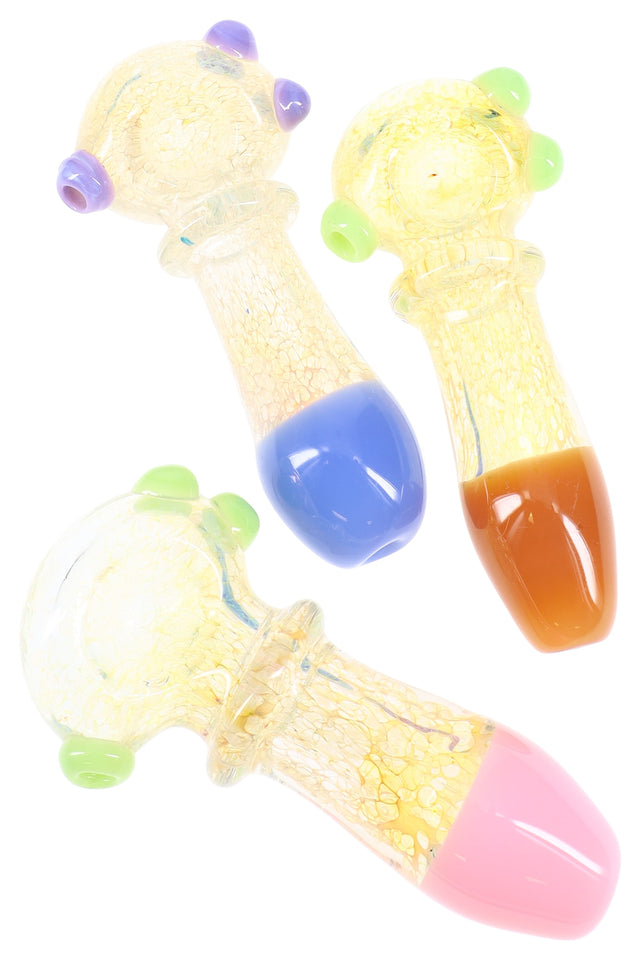 4½″ fumed color-changing neon glass hand pipe with slime marble accents and bright mouthpieces; assorted colors shown, sold individually.