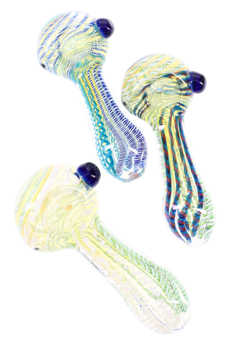 4-inch color-changing glass hand pipe with multicolor stripes and marble accent, shown in assorted colorways.