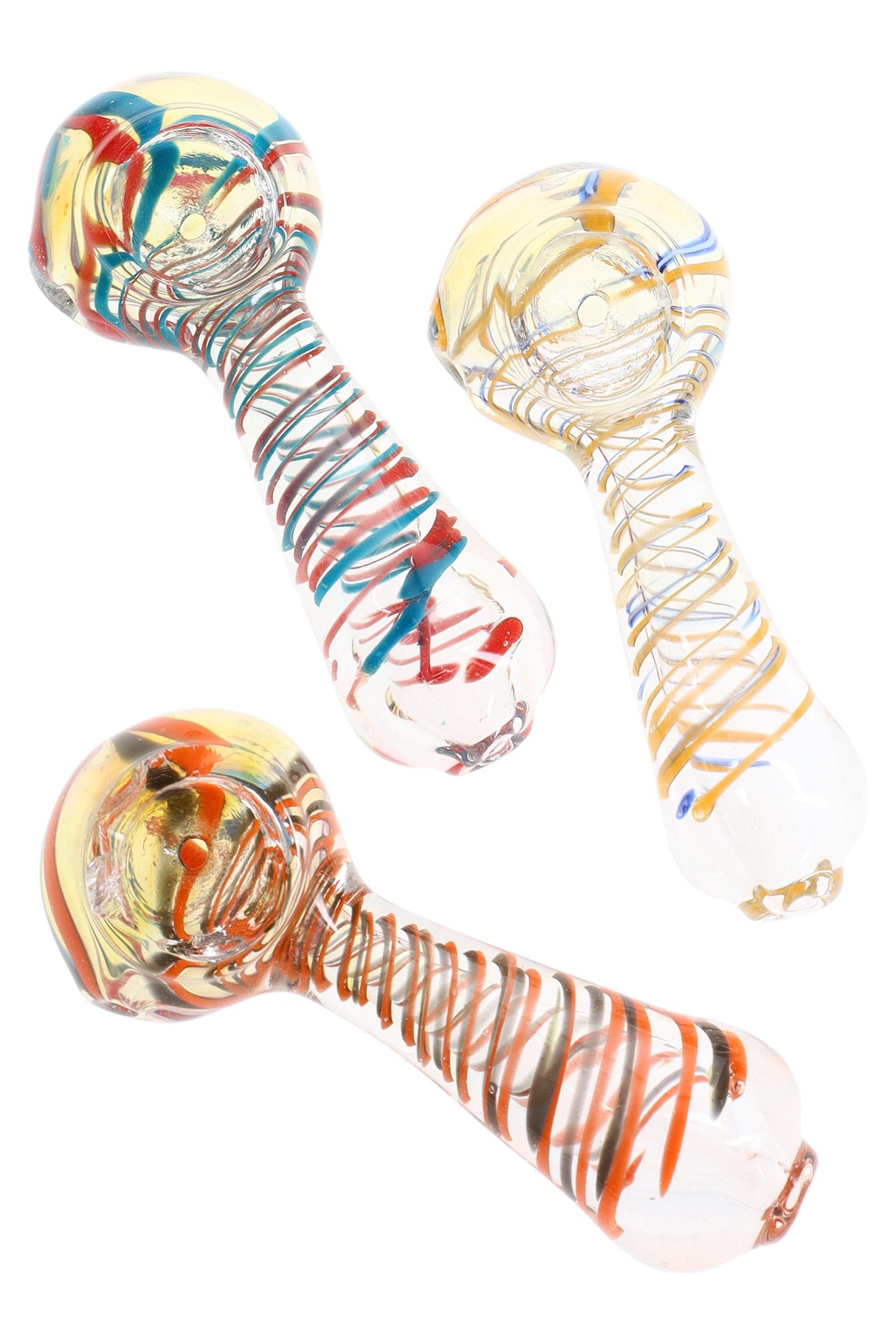 Trio of 3.5-inch color-changing fumed glass spoon pipes with spiral red, black and gold stripes displayed on a white background