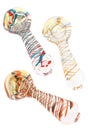 Trio of 3.5-inch color-changing fumed glass spoon pipes with spiral red, black and gold stripes displayed on a white background