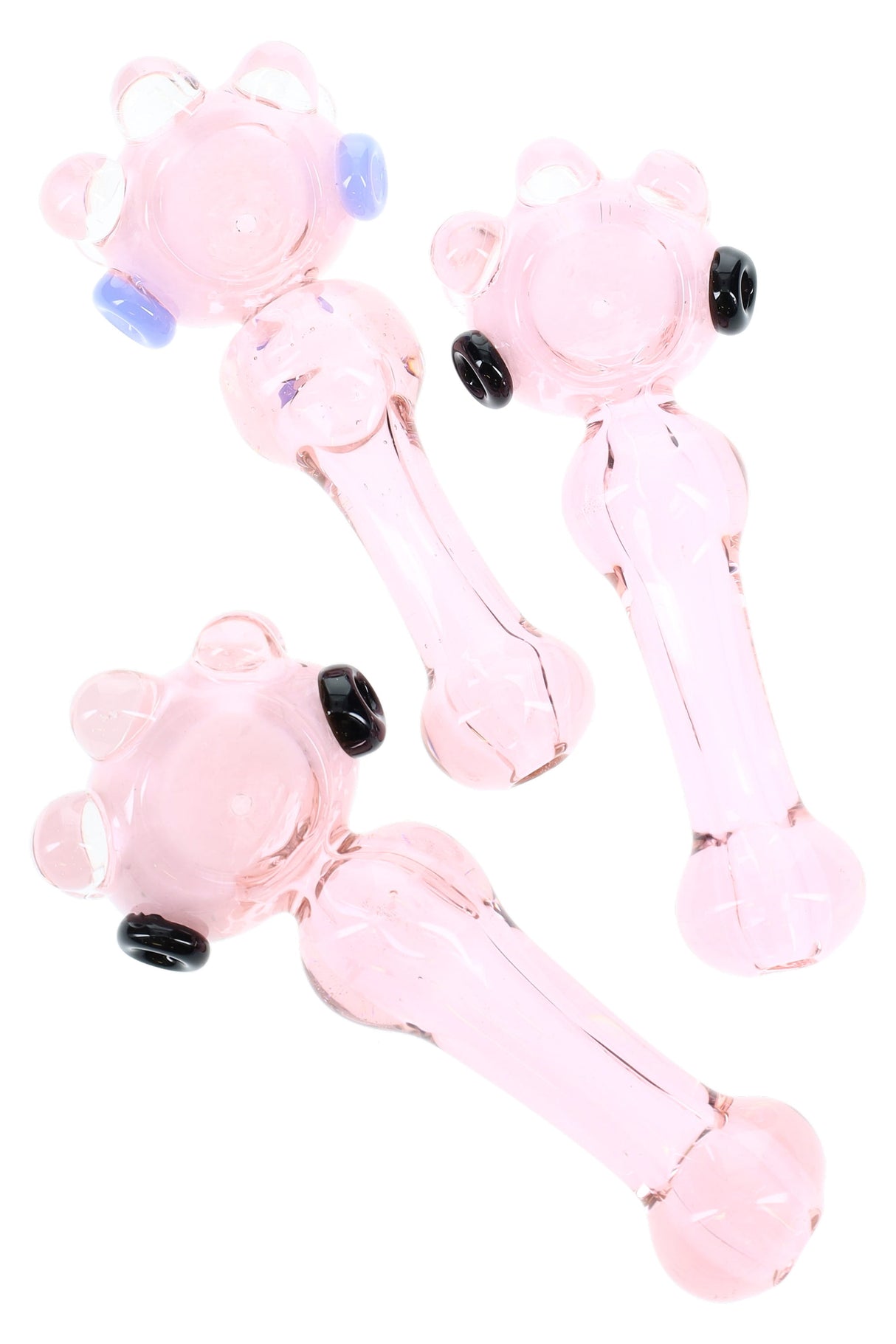 Pink 5″ glass spoon pipe with white frit bowl and raised marble roll-stops, side carb, and rounded mouthpiece; glossy finish.