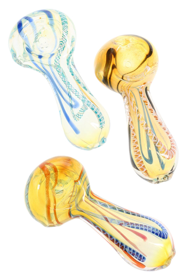 Three 3.5-inch color-changing glass spoon pipes with blue, red and green stripes on yellow bodies, shown on white backdrop