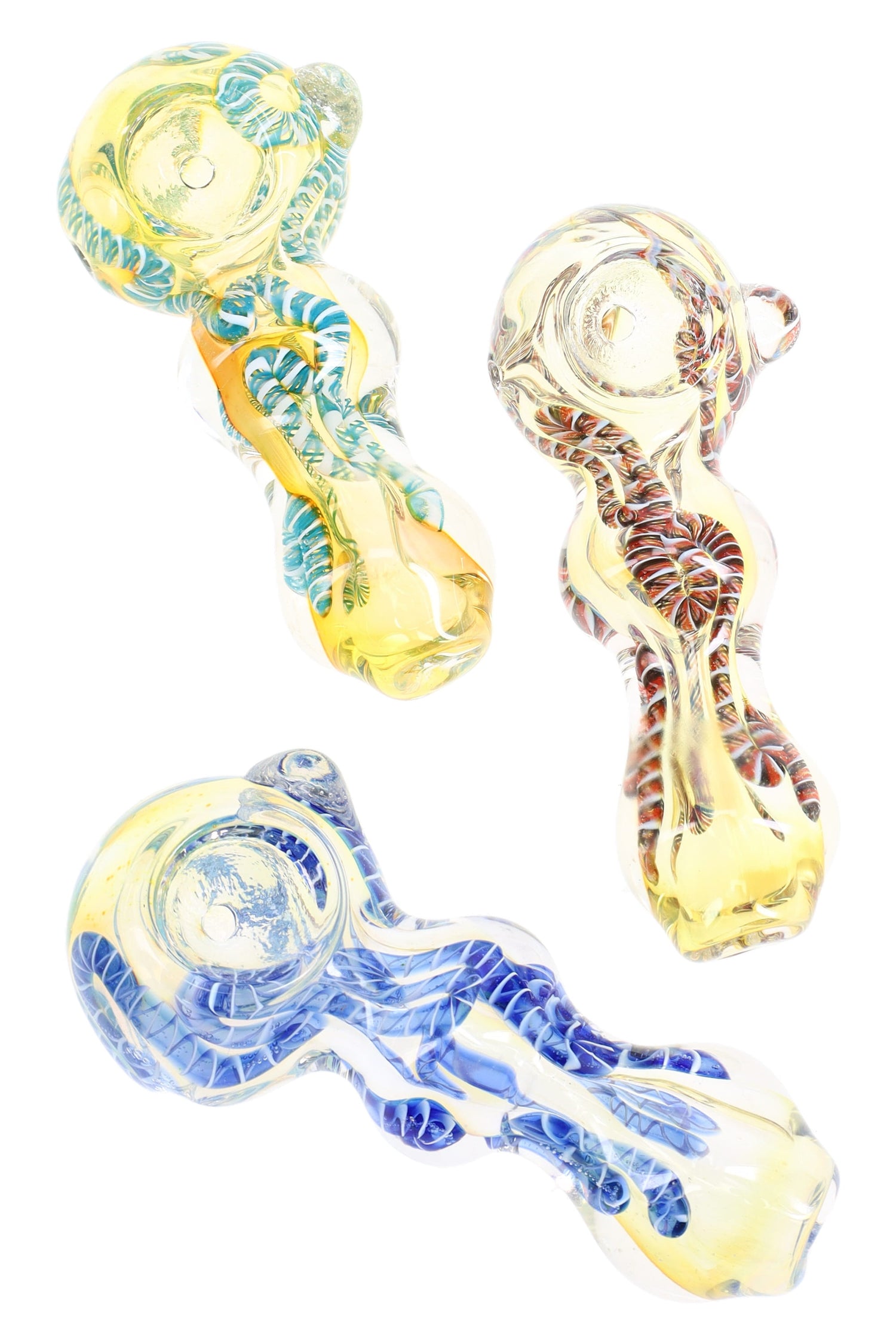 3.5″ color-changing squiggle striped glass hand pipe with rounded bowl and compact spoon profile designed for smooth, pocket-ready dry herb hits.