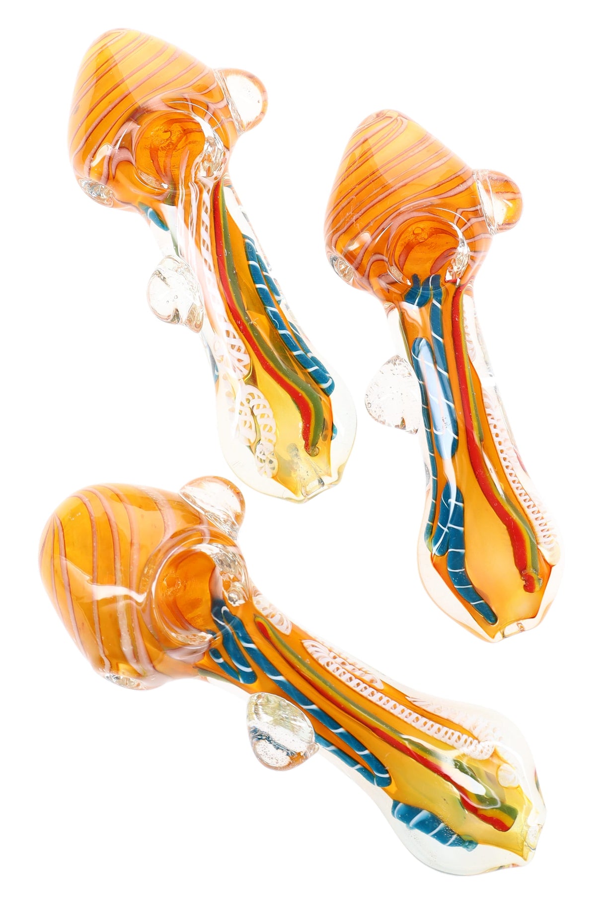 5½″ gold-fumed rasta stripe glass spoon with marble roll-stoppers and flat mouthpiece, shown in assorted colors.
