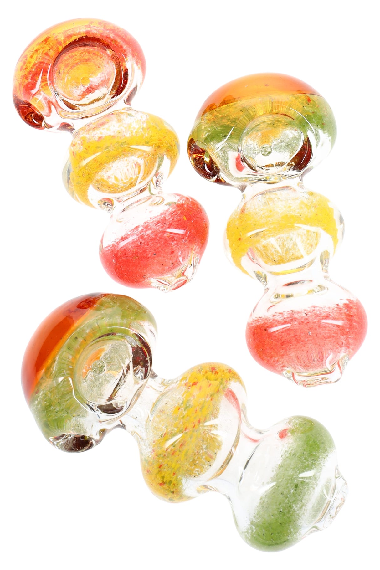 Compact 4″ clear glass spoon with stacked bubble grip and rasta frit sections in red, yellow, and green tones.