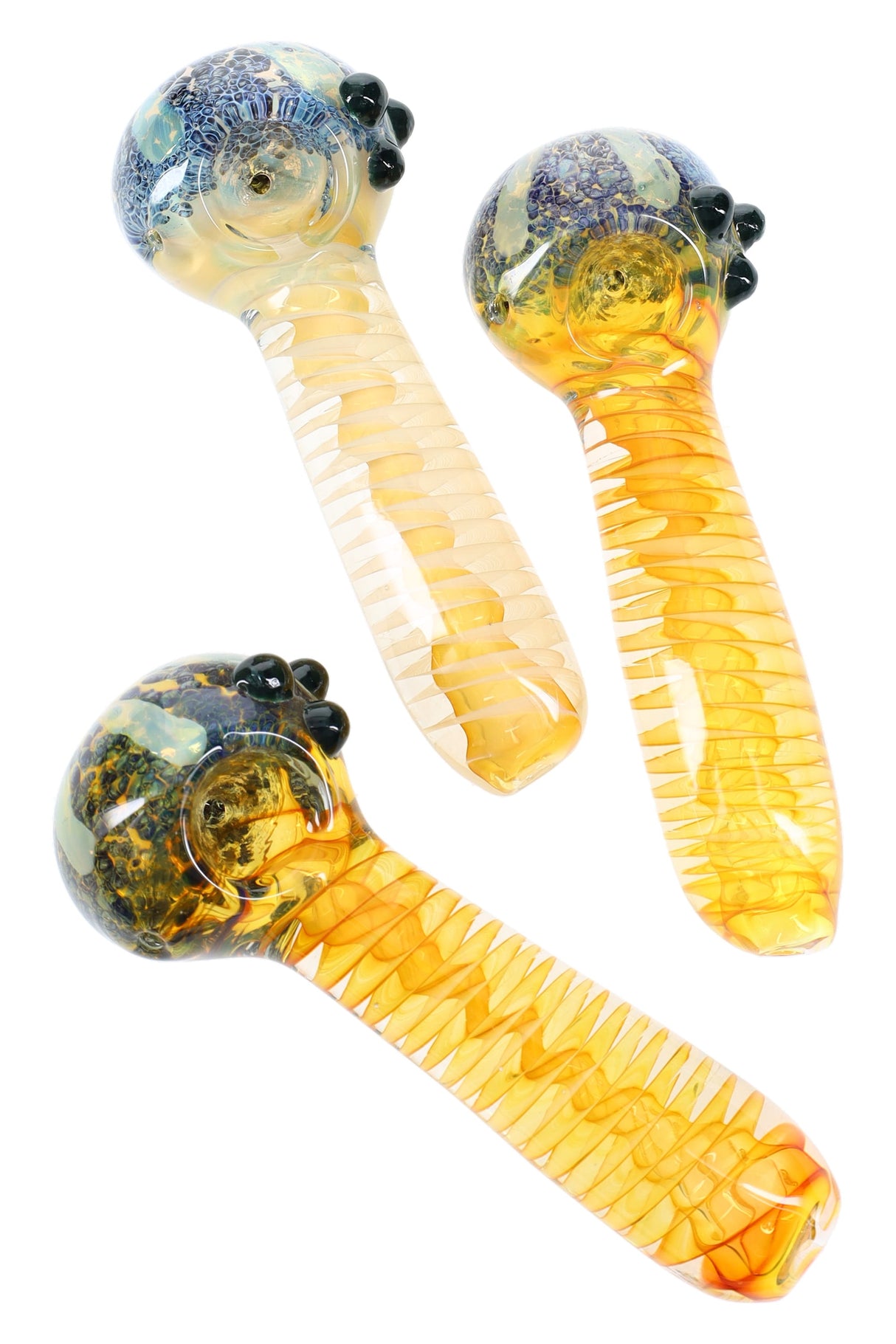 5″ gold-fumed glass spoon with frit bowl, spiral-wrapped handle, and marble roll-stoppers; color-changing finish in assorted tones.
