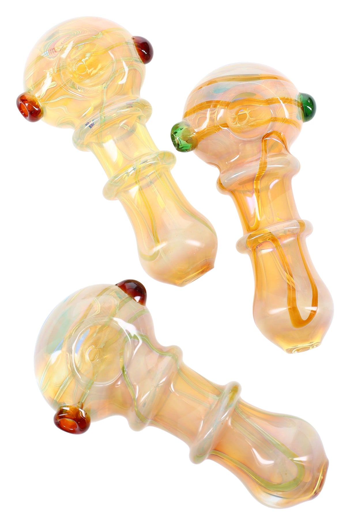 Silver-fumed color-changing glass spoon with striped accents, ringed handle, and small marble roll-stoppers; shown in assorted colors.