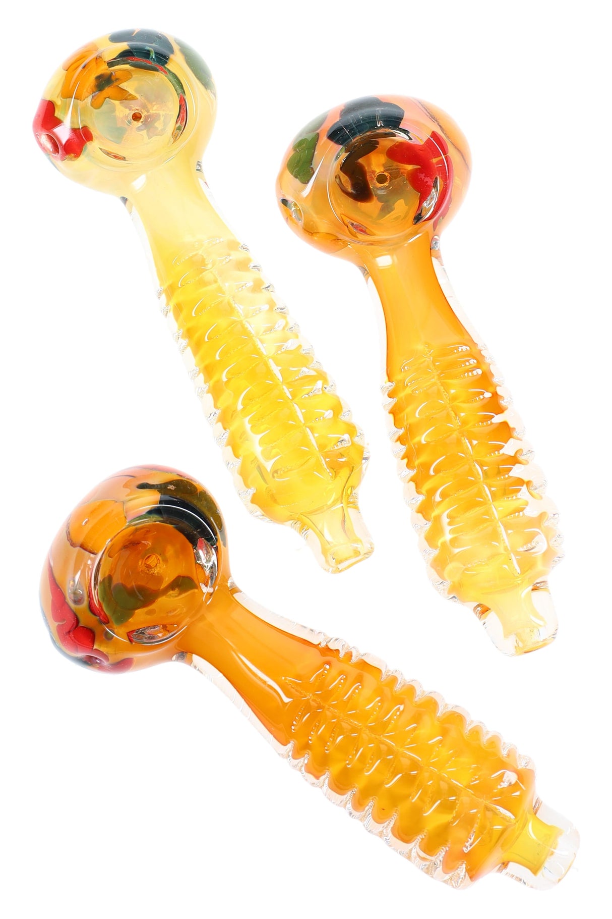 5″ gold-fumed glass spoon with ribbed grip handle and rasta squiggle bowl, color-changing finish; shown in assorted colors.