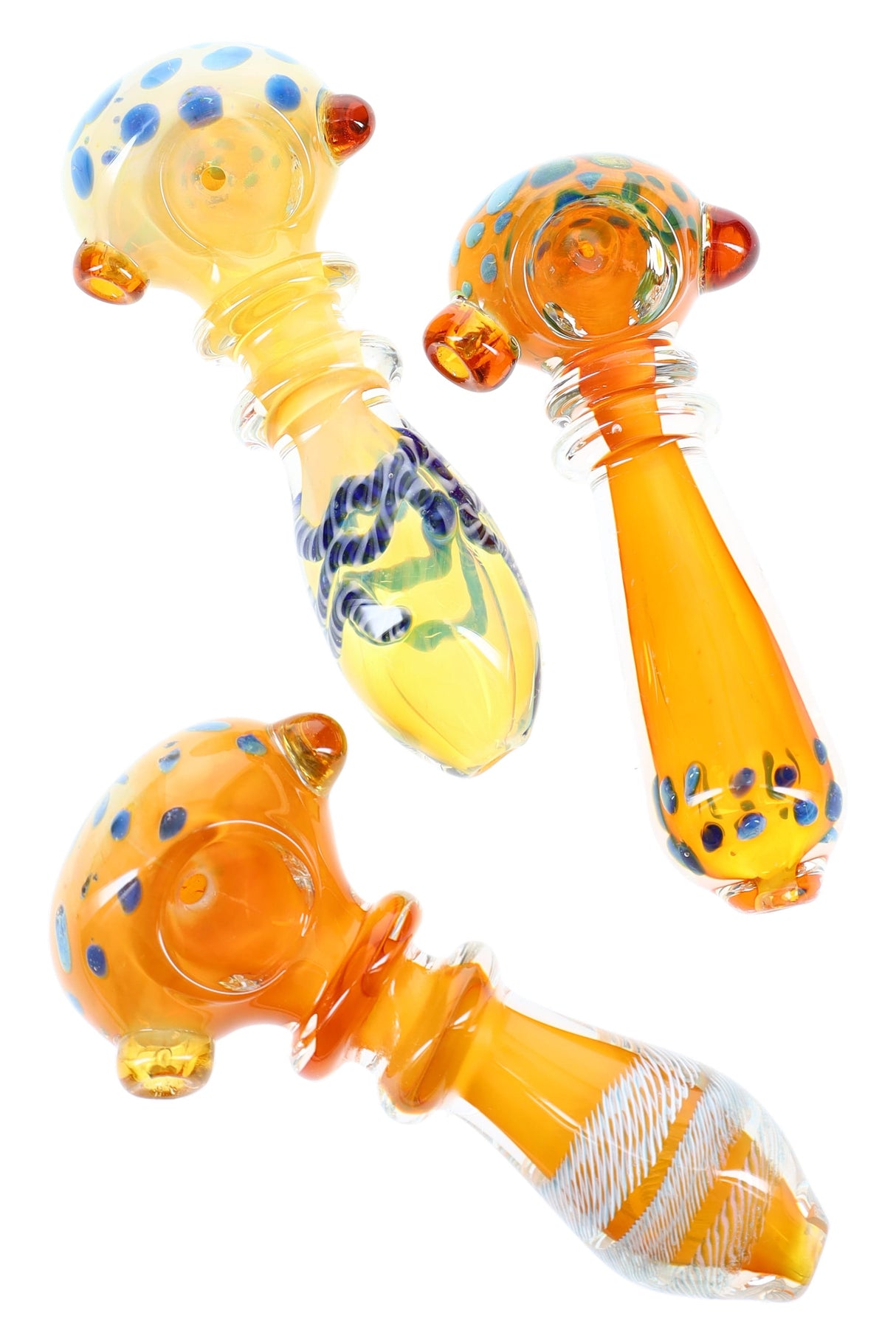 4½″ gold-fumed glass spoon with dotted bowl, striped accents, and ringed grip, shown in assorted colors.