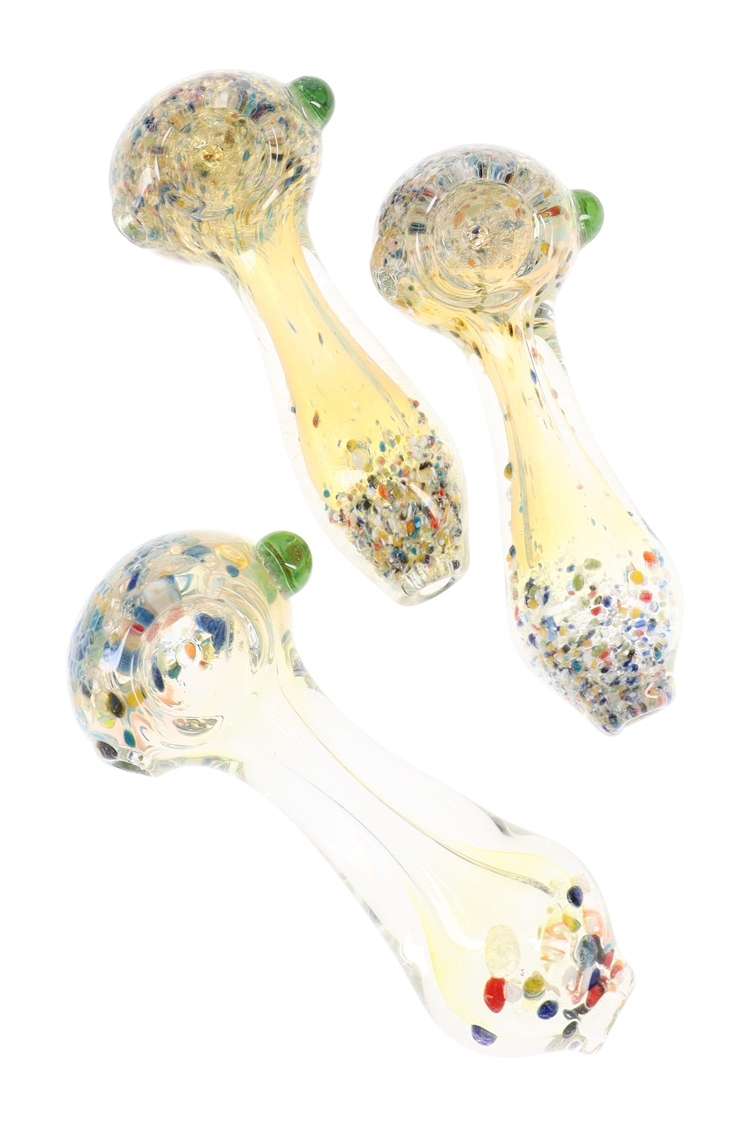 4-inch silver-fumed glass spoon pipe with confetti frit, side carb, and marble roll-stops; color-changing handheld pipe.