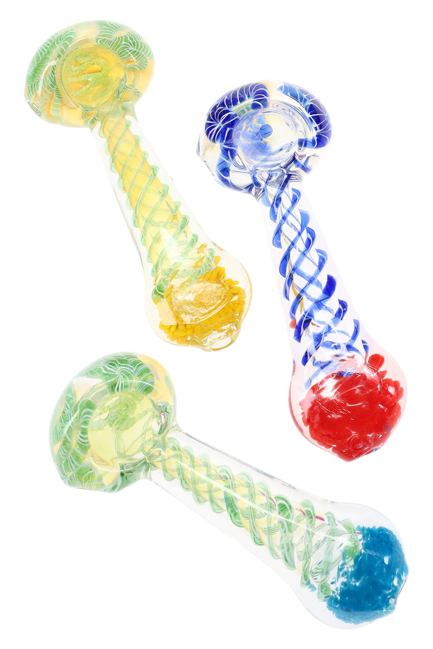 4″ color-changing swirl striped frit glass hand pipe with clear marble and frit mouthpiece; compact spoon for smooth hits.