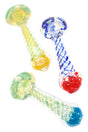 4″ color-changing swirl striped frit glass hand pipe with clear marble and frit mouthpiece; compact spoon for smooth hits.