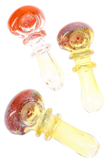 4″ color-changing frit rings glass hand pipe with confetti frit mouthpiece and dot accents; compact spoon; assorted colors.