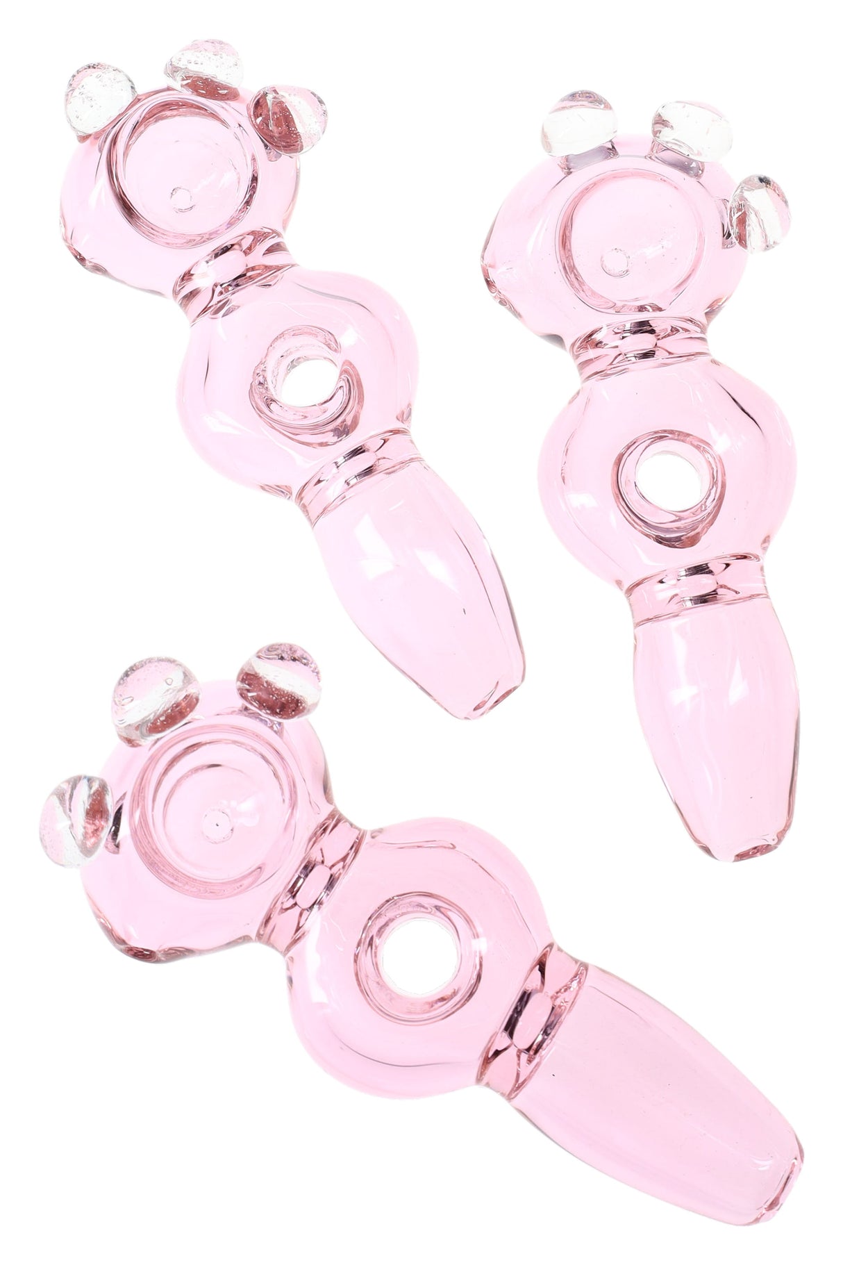 5-inch pink glass spoon pipe with donut-hole center and three clear grip marbles on the bowl, shown from multiple angles.