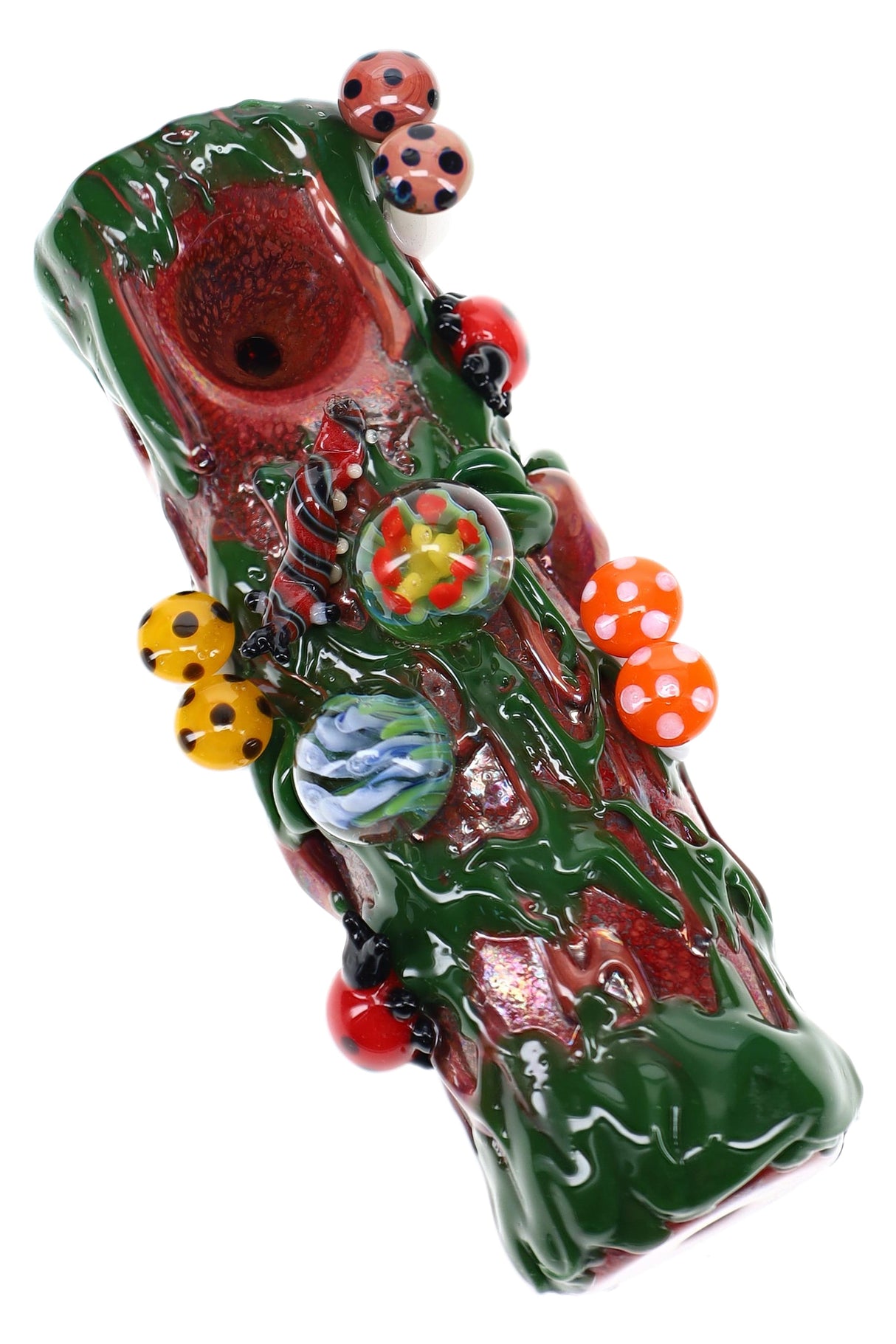 Empire Glassworks glass hand pipe shaped like a mossy log with green accents and tiny mushrooms