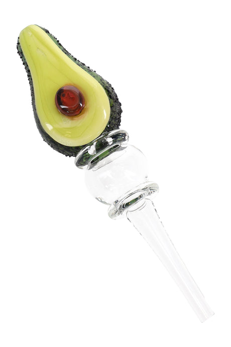 Avocado-themed glass dab straw with textured dark rind, red “pit,” clear grip section, and tapered glass tip; handmade US-made design.