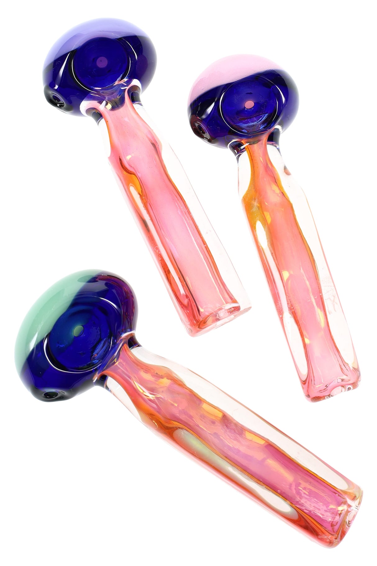 5″ gold-fumed color-changing square glass spoon pipe with neon bowl cap, side carb, and flat anti-roll body; assorted colors; sold individually.