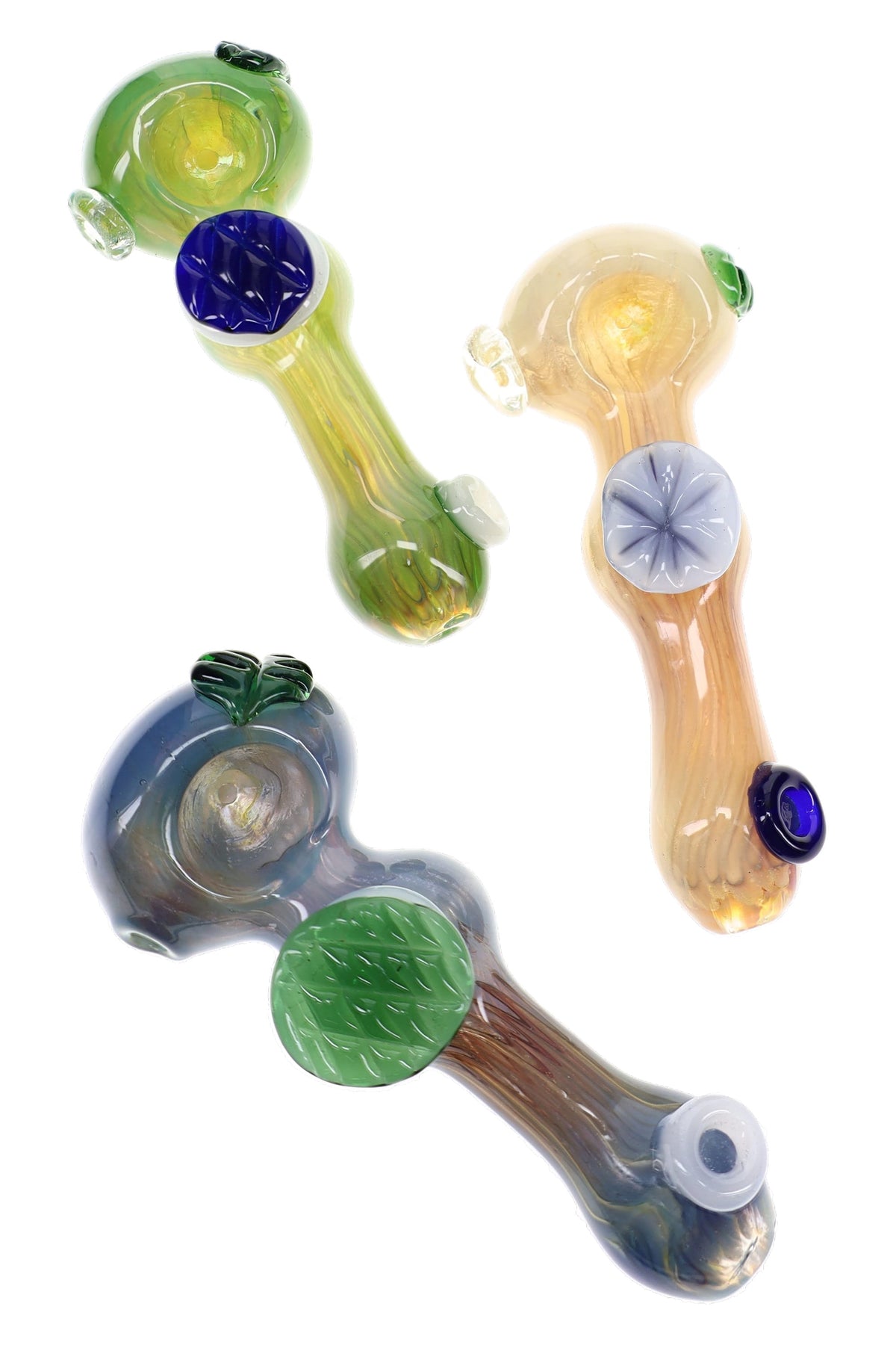 Assorted silver fumed glass spoon pipes with raised leaf accents, colored marbles, and round bowls