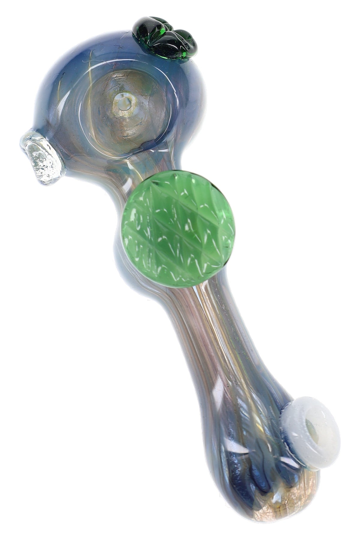 Blue silver fumed glass spoon pipe with green leaf accent, white mouthpiece marble, bowl, and side carb