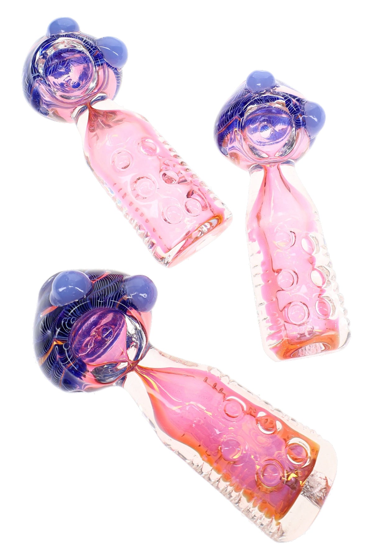 Three gold fumed glass hand pipes “Bubble Column” showing pink bodies, purple bowls and textured indents