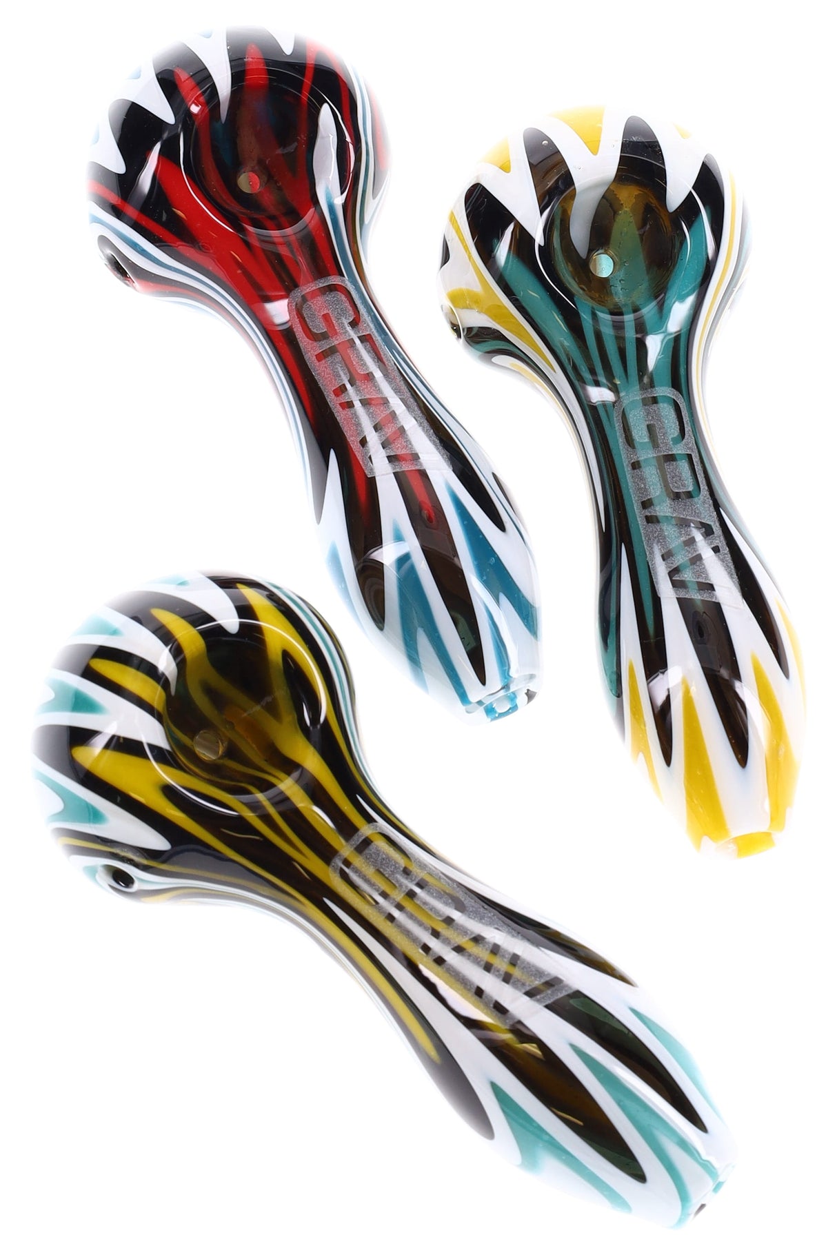 Colorful GRAV wig wag glass spoon pipes with bold striped patterns and side carbs, assorted colors shown on a white background.
