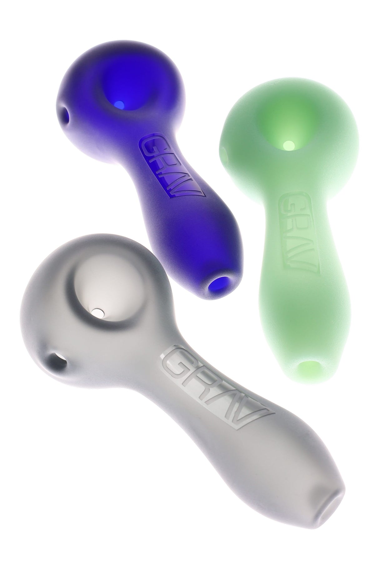 4-inch GRAV sandblasted spoon pipe in thick borosilicate with matte frosted finish, deep bowl, side carb, and inverted ash-catching mouthpiece, shown in color options.