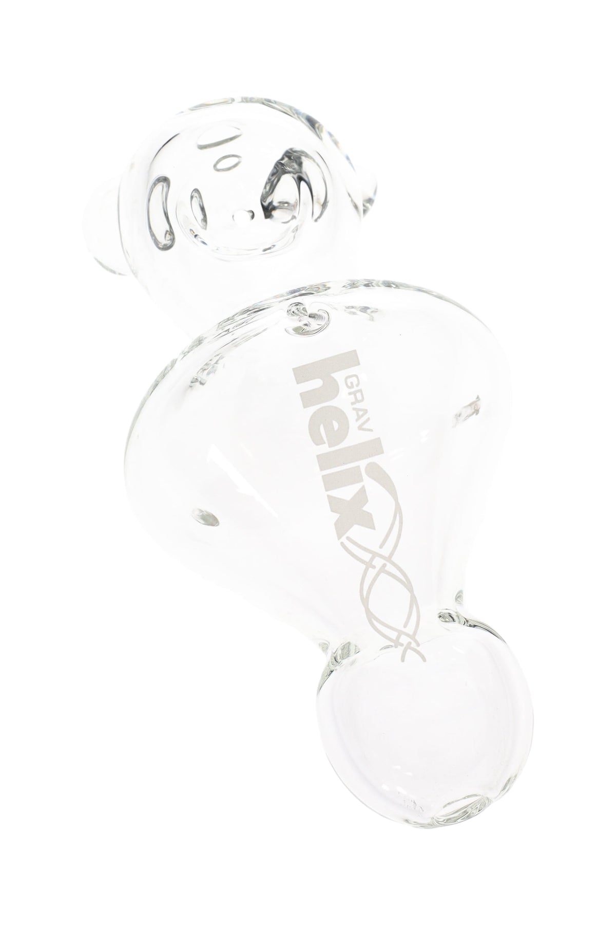 Clear GRAV Helix mini glass hand pipe with Venturi chamber, three air intake holes and stabilizing feet, compact spoon design about 5½ inches long