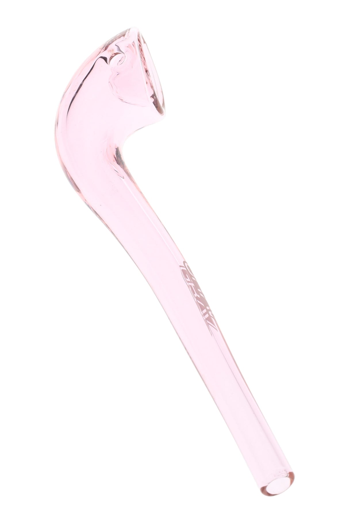 Transparent pink GRAV Gandalfini glass sherlock with curved bowl, side carb, and elongated stem, compact 6-inch hand pipe