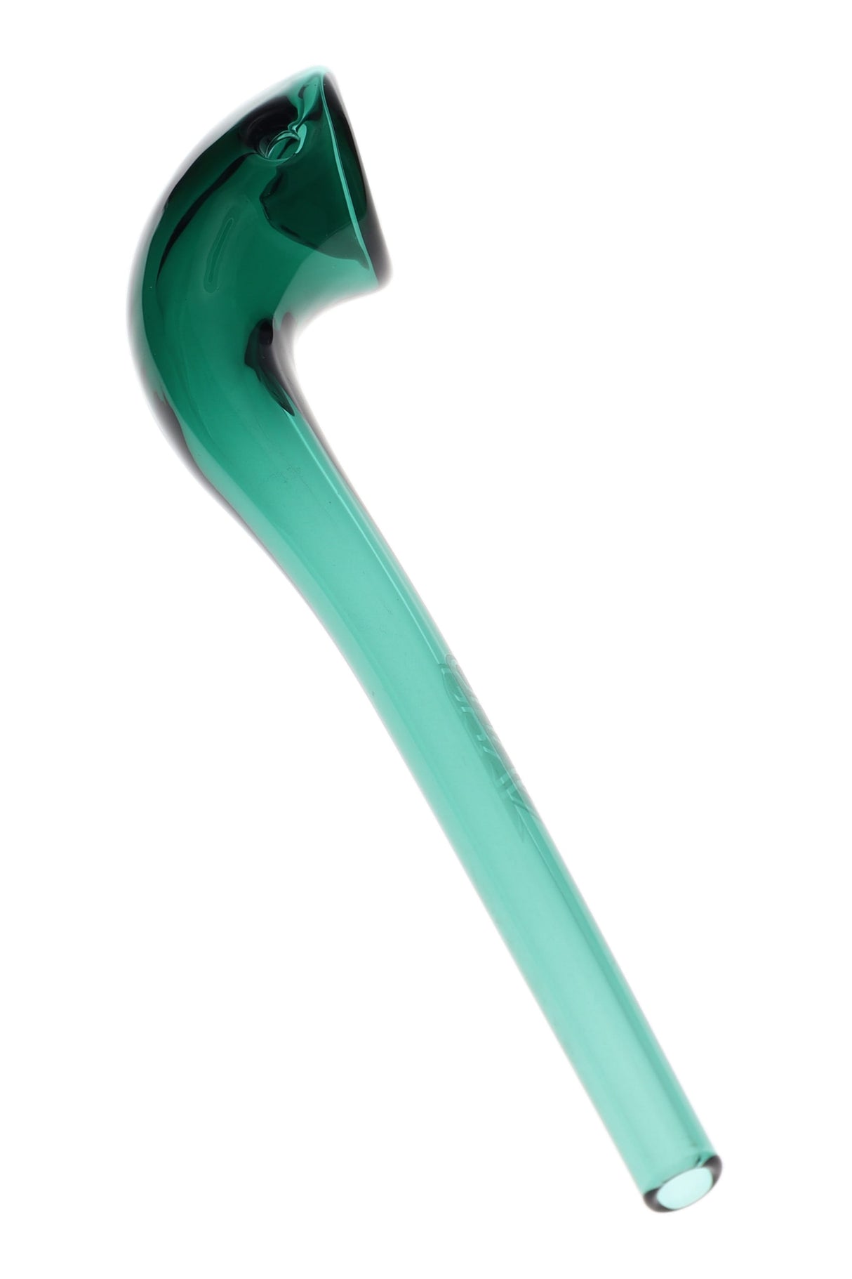 Teal GRAV Gandalfini glass sherlock pipe featuring deep bowl, side carb, and elongated stem to cool smoke, 6 inches