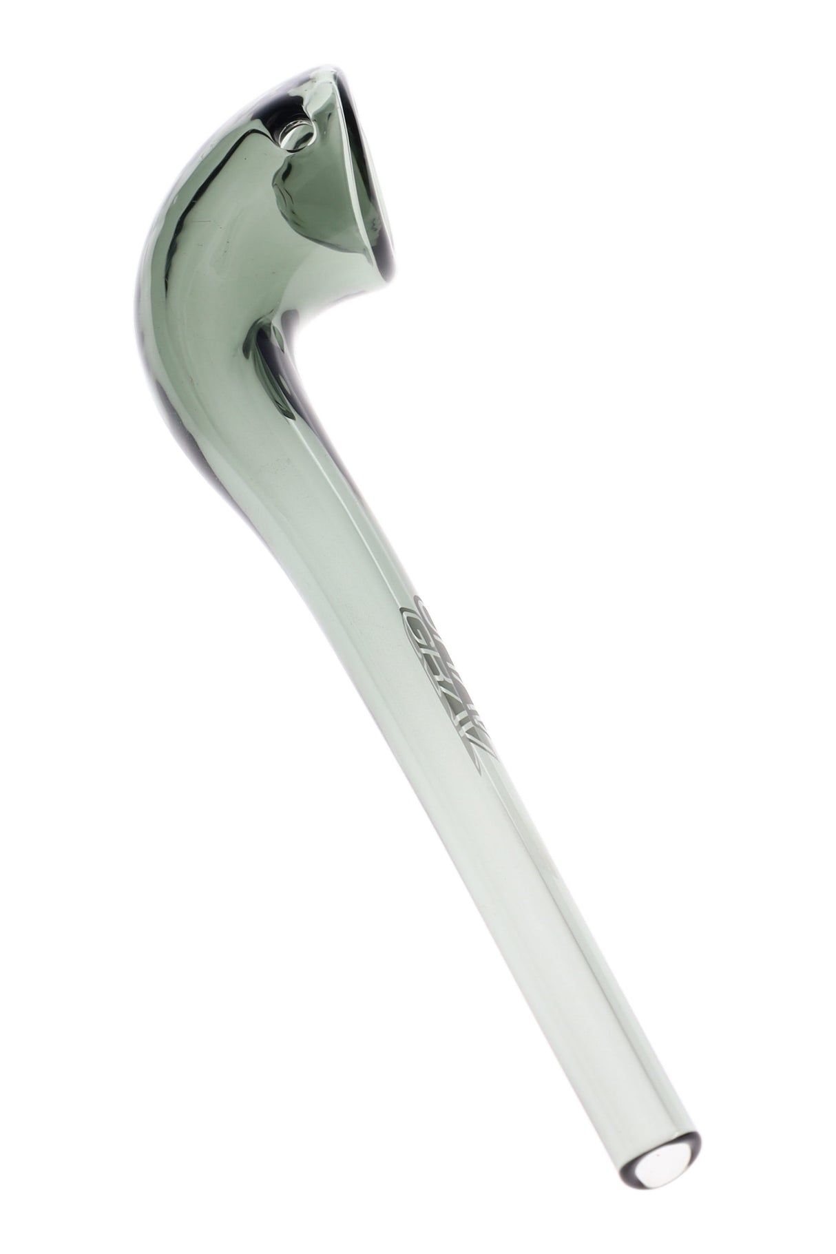 Smoky gray GRAV Gandalfini sherlock pipe with sleek curve and extended stem for cooling, about 6 inches long