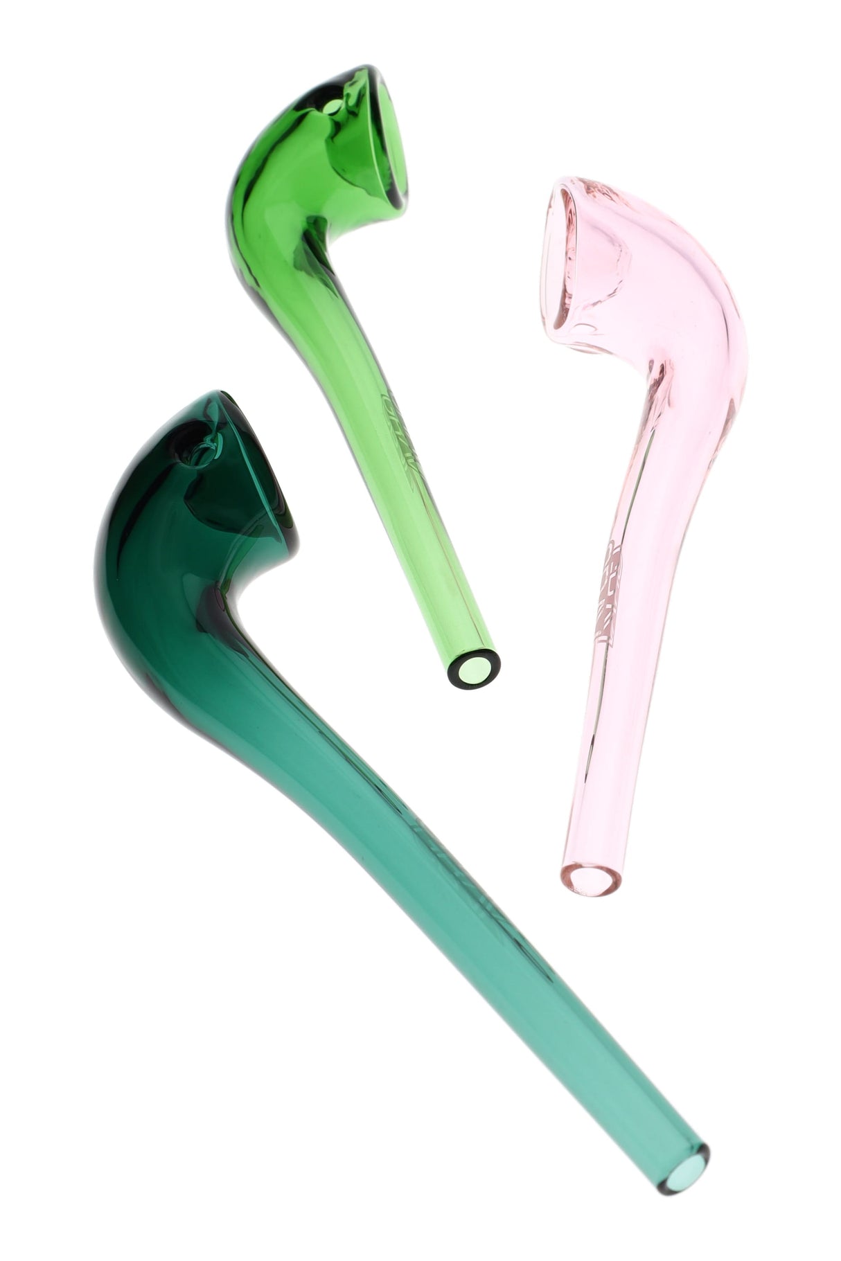 Three GRAV Gandalfini glass sherlock pipes in assorted green and pink tones, long stems and side carbs, compact 6-inch dry herb pipes